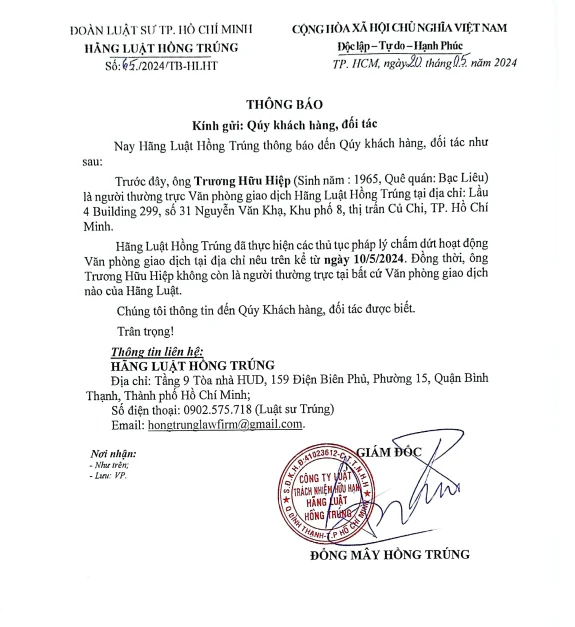 Thông báo chấm dứt Văn phòng giao dịch Hãng Luật Hồng Trúng tại Củ Chi