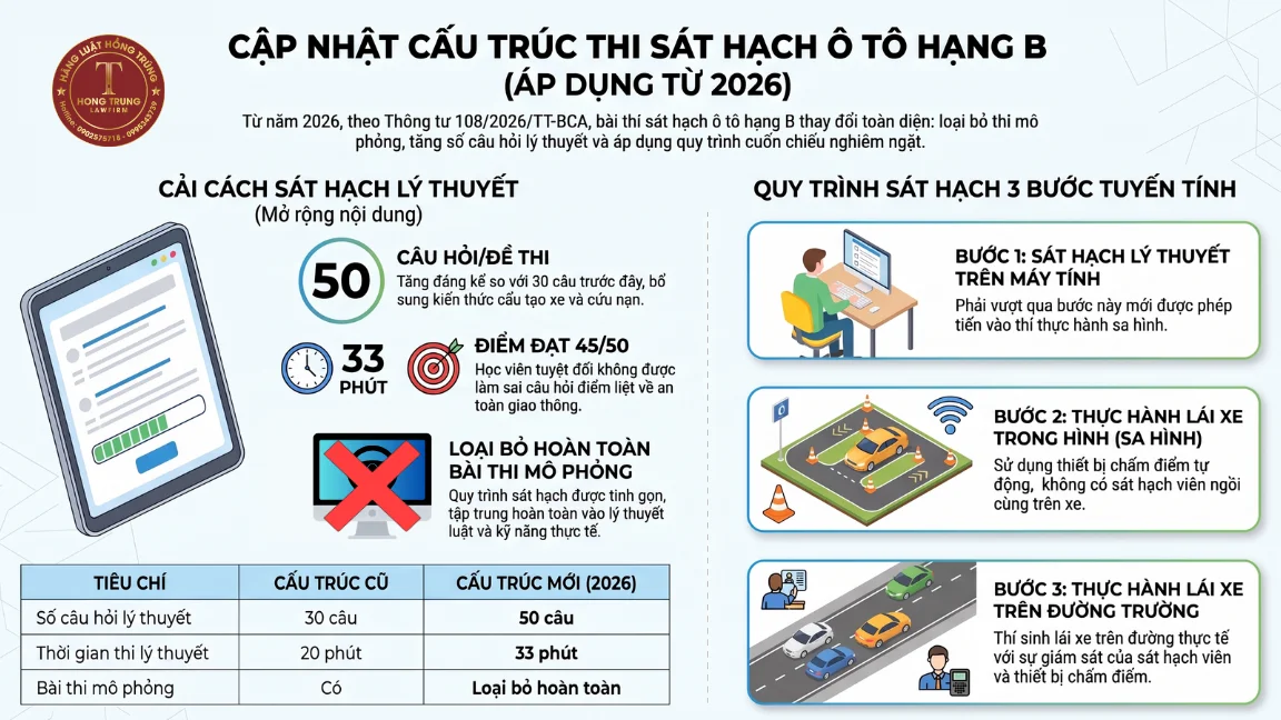 Cấu trúc bài thi sát hạch ô tô hạng B năm 2026: Tăng từ 30 lên 50 câu lý thuyết